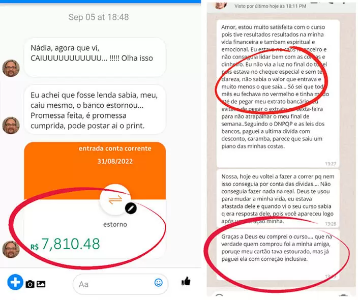 Comprovante de estorno de R$ 7.810,48 e depoimento de aluno satisfeito