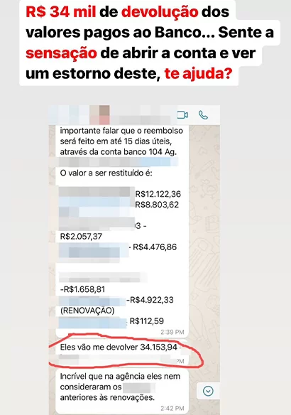Mensagem de devolução bancária de R$ 34.153,94